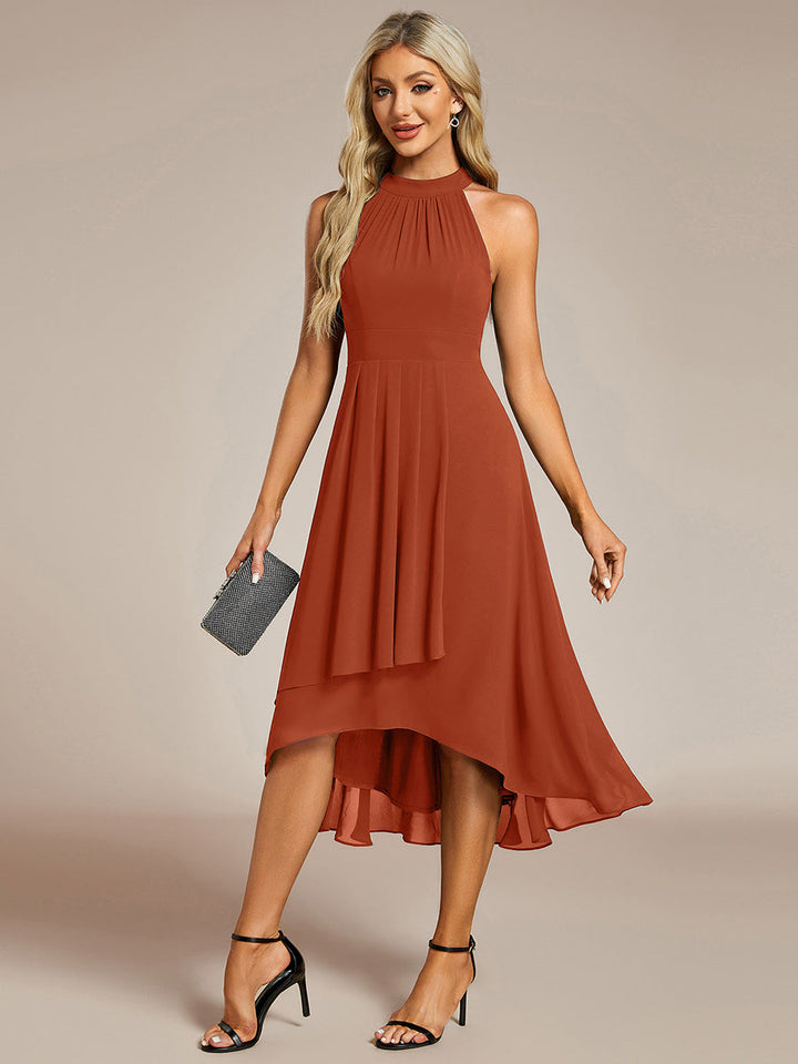 Roseta™-|Midi A Line Sleeveless Halter Neck Wedding Guest Dress in Chiffon