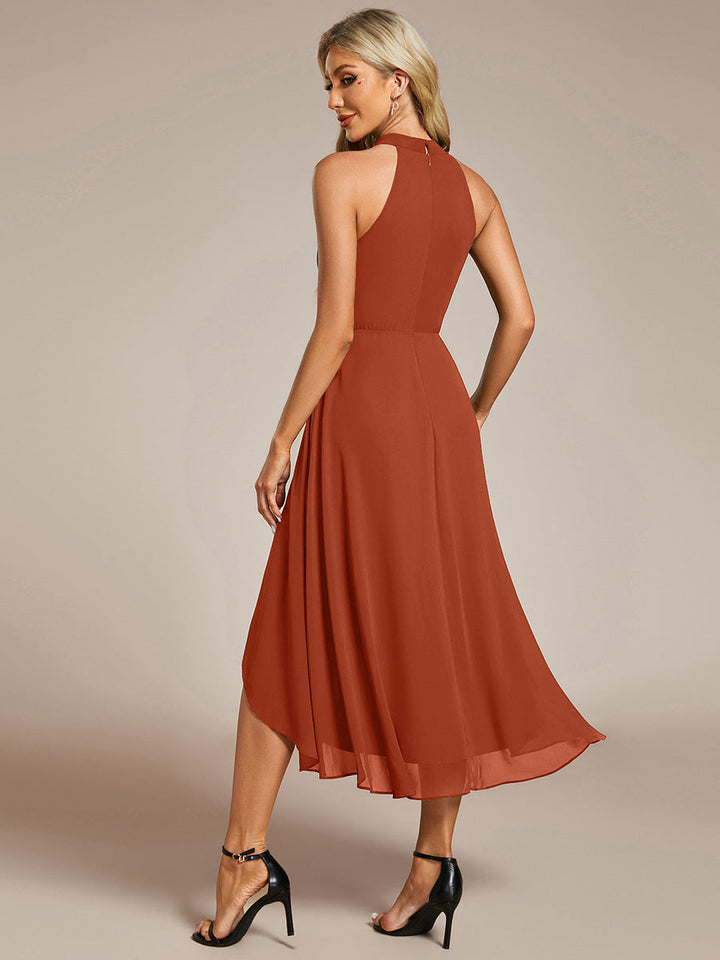 Roseta™-|Midi A Line Sleeveless Halter Neck Wedding Guest Dress in Chiffon