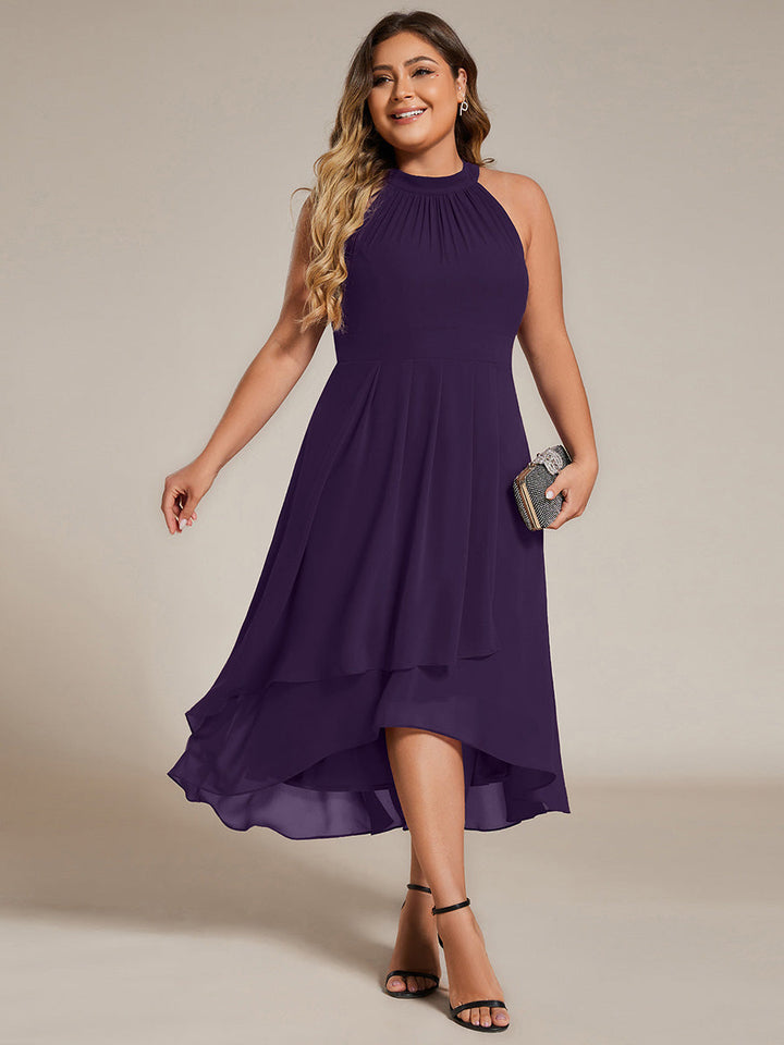 Roseta™-|Midi A Line Sleeveless Halter Neck Wedding Guest Dress in Chiffon