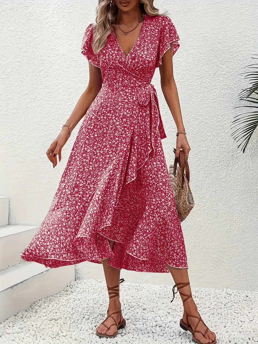 V-Neck Floral Mini Wrap Dress