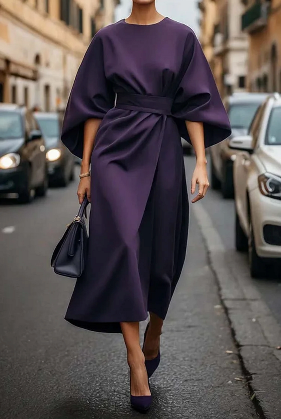 Nicola - elegant dress with lantern sleeves and belt