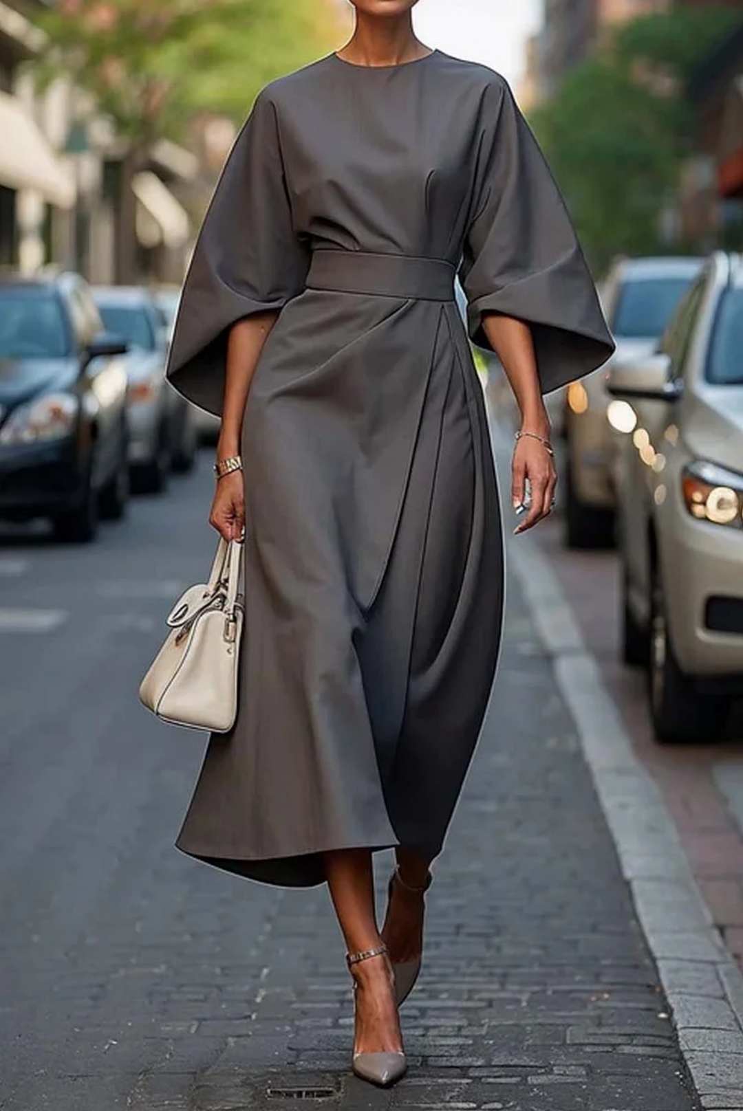 Nicola - elegant dress with lantern sleeves and belt