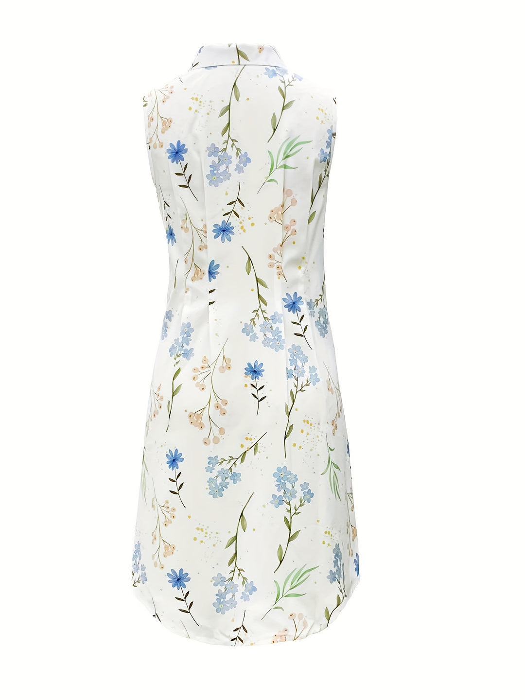 Bliss- Floral Print Collarless Sleeveless Button-Up Shirt Dress