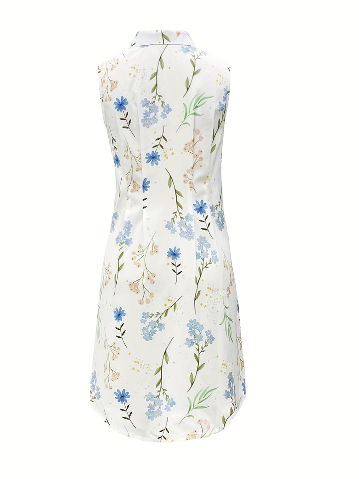 Bliss- Floral Print Collarless Sleeveless Button-Up Shirt Dress