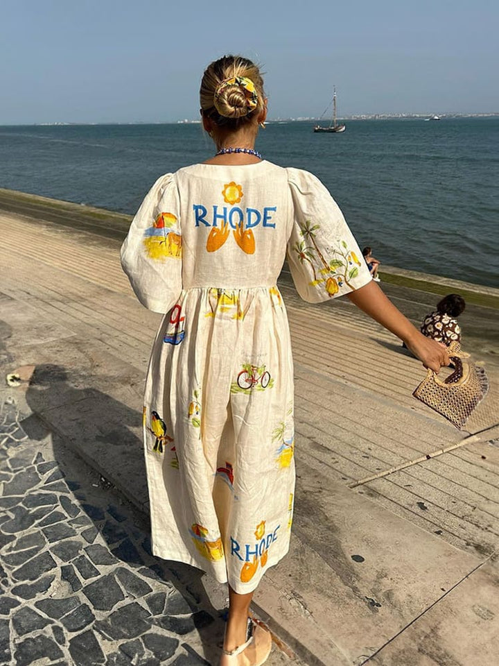 Issabella ™Floral Print Puff Sleeve Midi Dress