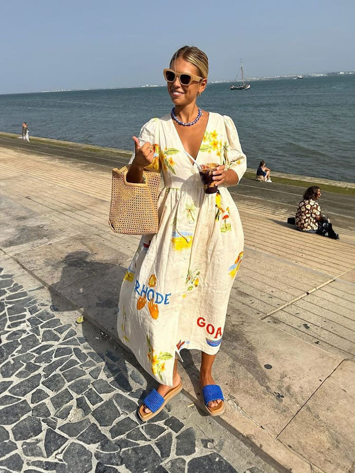 Issabella ™Floral Print Puff Sleeve Midi Dress