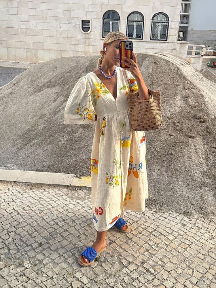 Issabella ™Floral Print Puff Sleeve Midi Dress