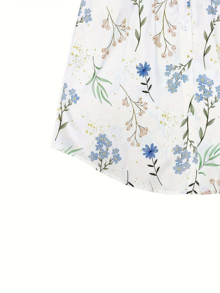 Bliss- Floral Print Collarless Sleeveless Button-Up Shirt Dress