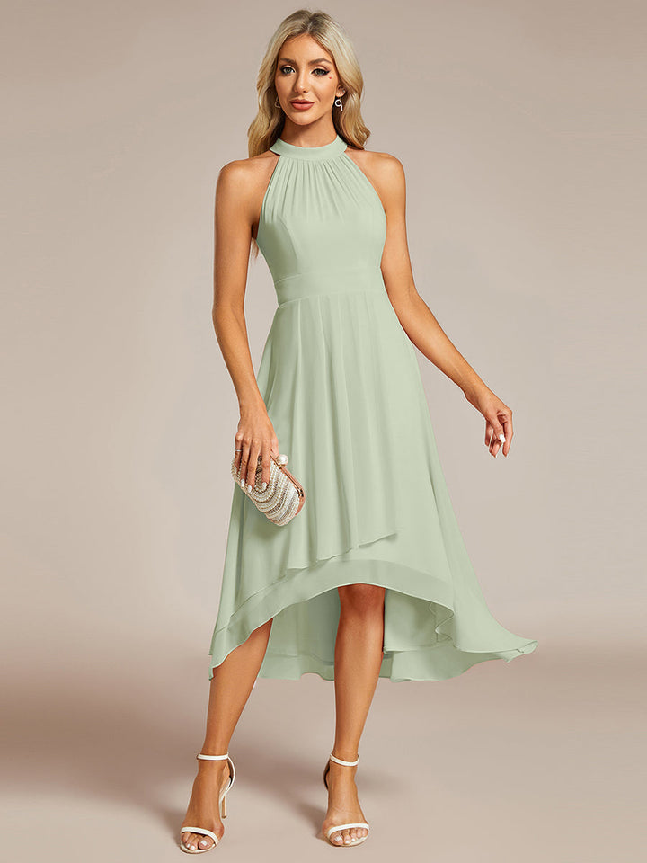 Roseta™-|Midi A Line Sleeveless Halter Neck Wedding Guest Dress in Chiffon
