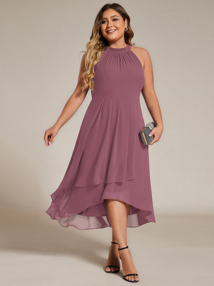 Roseta™-|Midi A Line Sleeveless Halter Neck Wedding Guest Dress in Chiffon