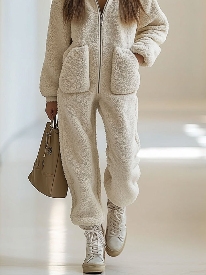 Cari™ - Casual Loose Vintage Polar Fleece Pocket Zipper Hooded Jumpsuit