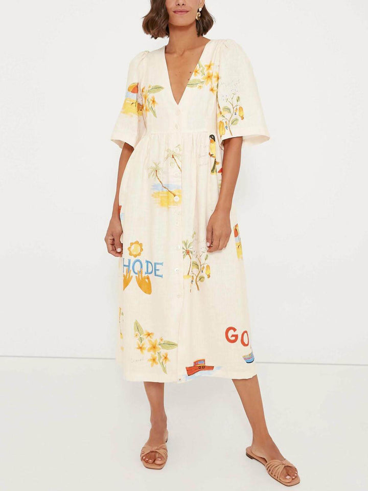 Issabella ™Floral Print Puff Sleeve Midi Dress