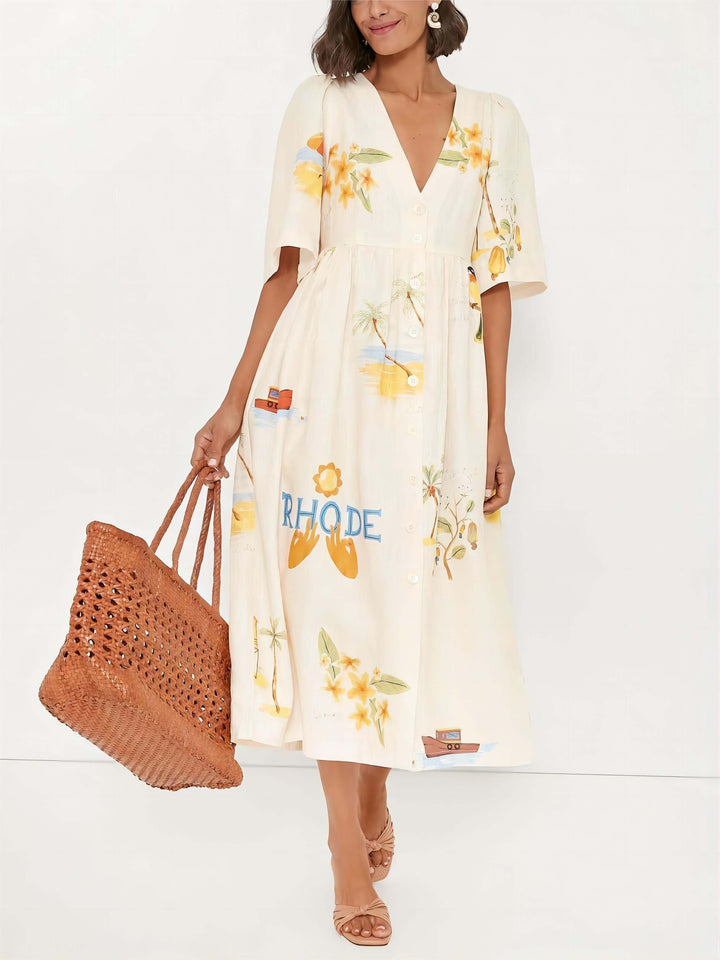 Issabella ™Floral Print Puff Sleeve Midi Dress