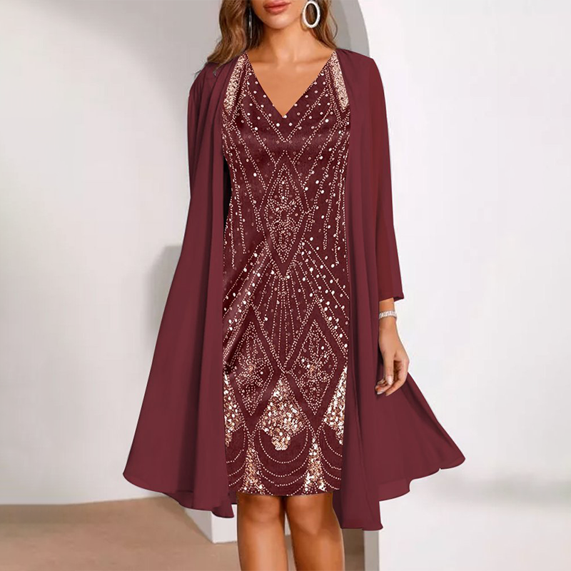 Vanessa-V-Neck Dress & Sheer Long Matching Coat